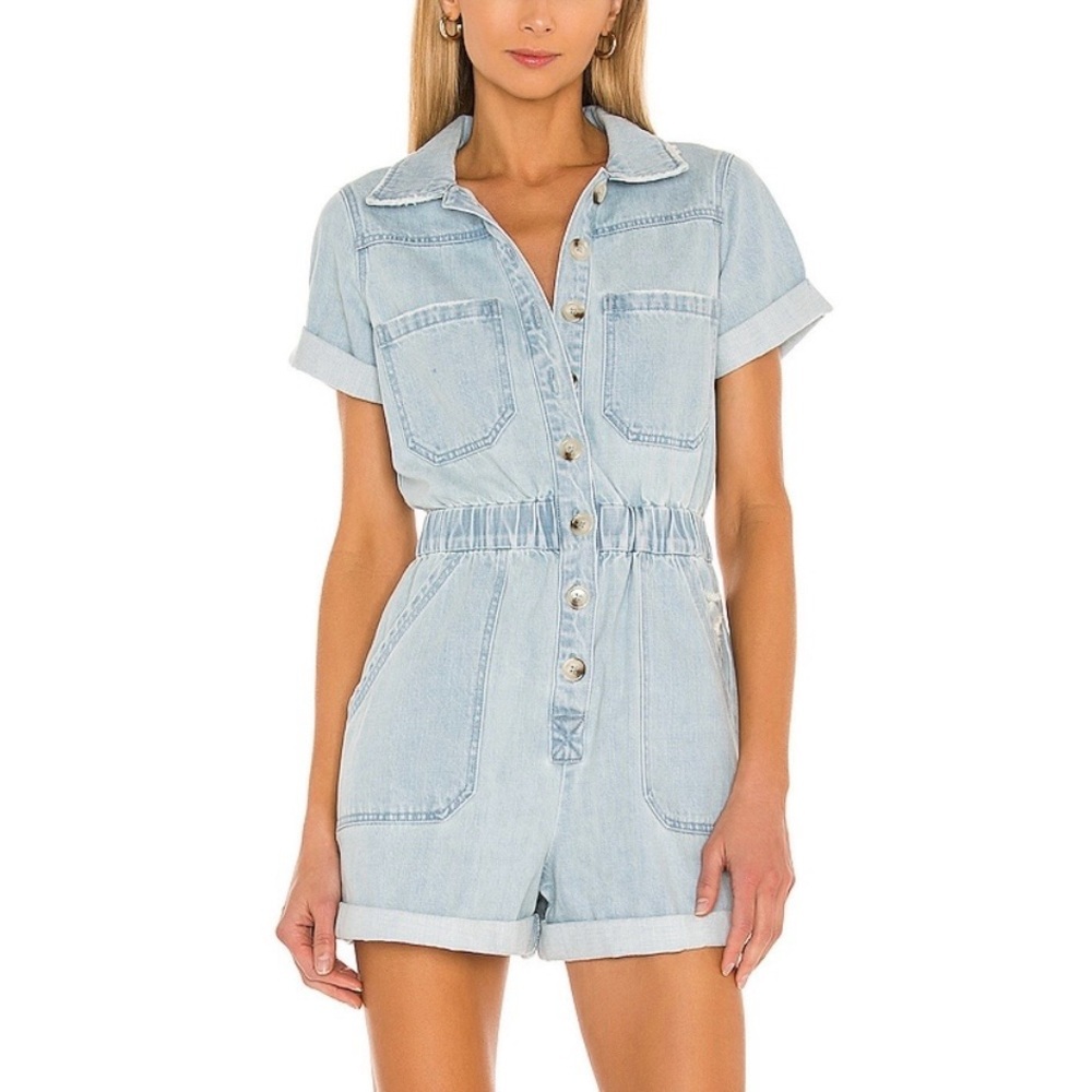 Show Me Your Mumu Cannon Romper in Dockside Denim Elastic Waistband Revolve
